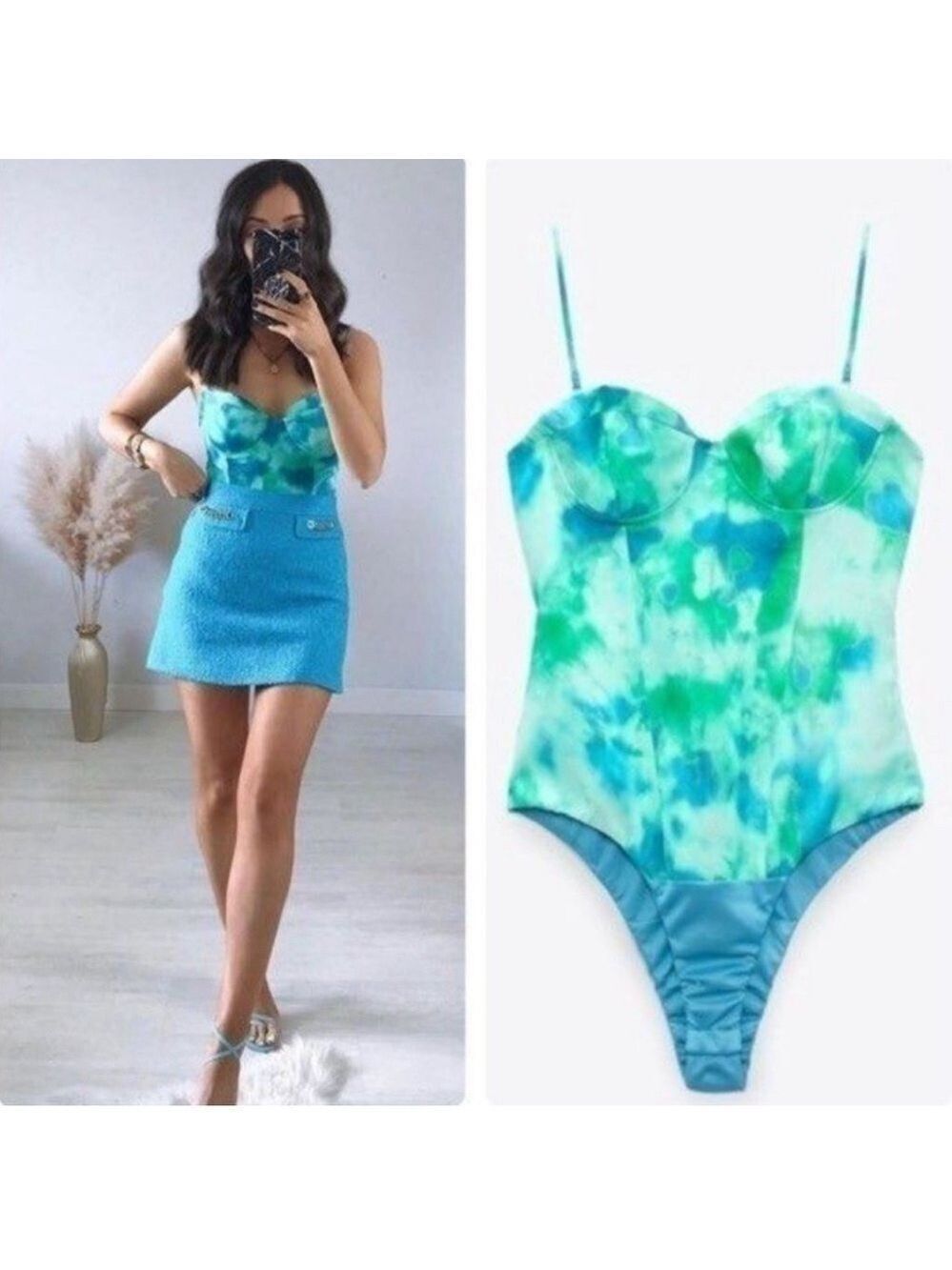 Zara blue green tie-dye ombre spaghetti strap bustier corset bodysuit Sz S NWOT